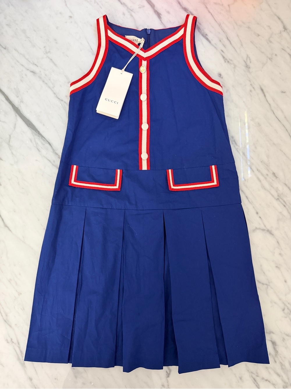 NWT Gucci Kids Blue Pleated Cotton Poplin Dress with Red and Cream Detailing